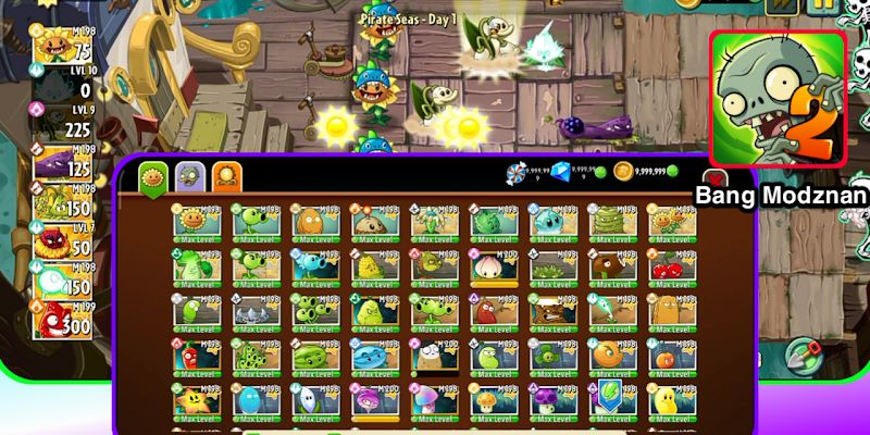 Giao diện game Plants vs Zombies 2 với menu mở khóa và mặt trời vô hạn.