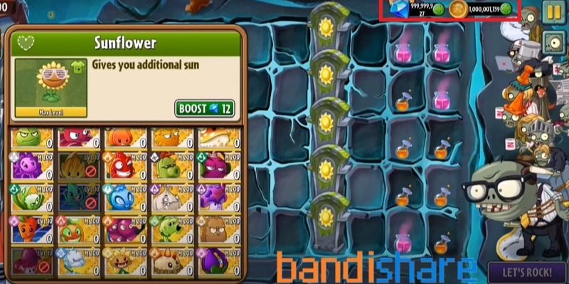 Plants vs Zombies 2 với các cây trồng max level và tiền vô hạn.